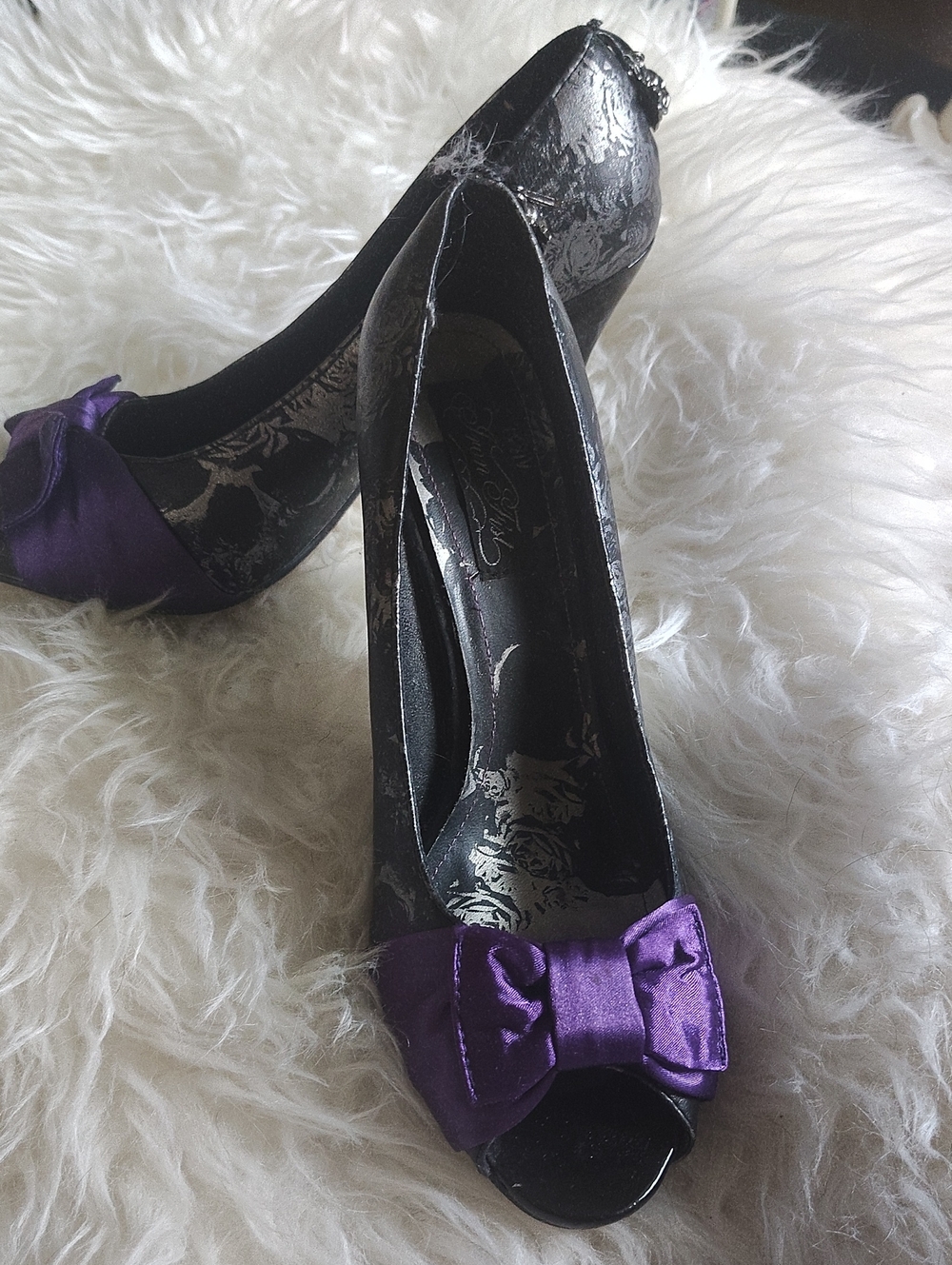 Iron Fist Black Brocade Peep-Toe Heels with Purple Satin Bow